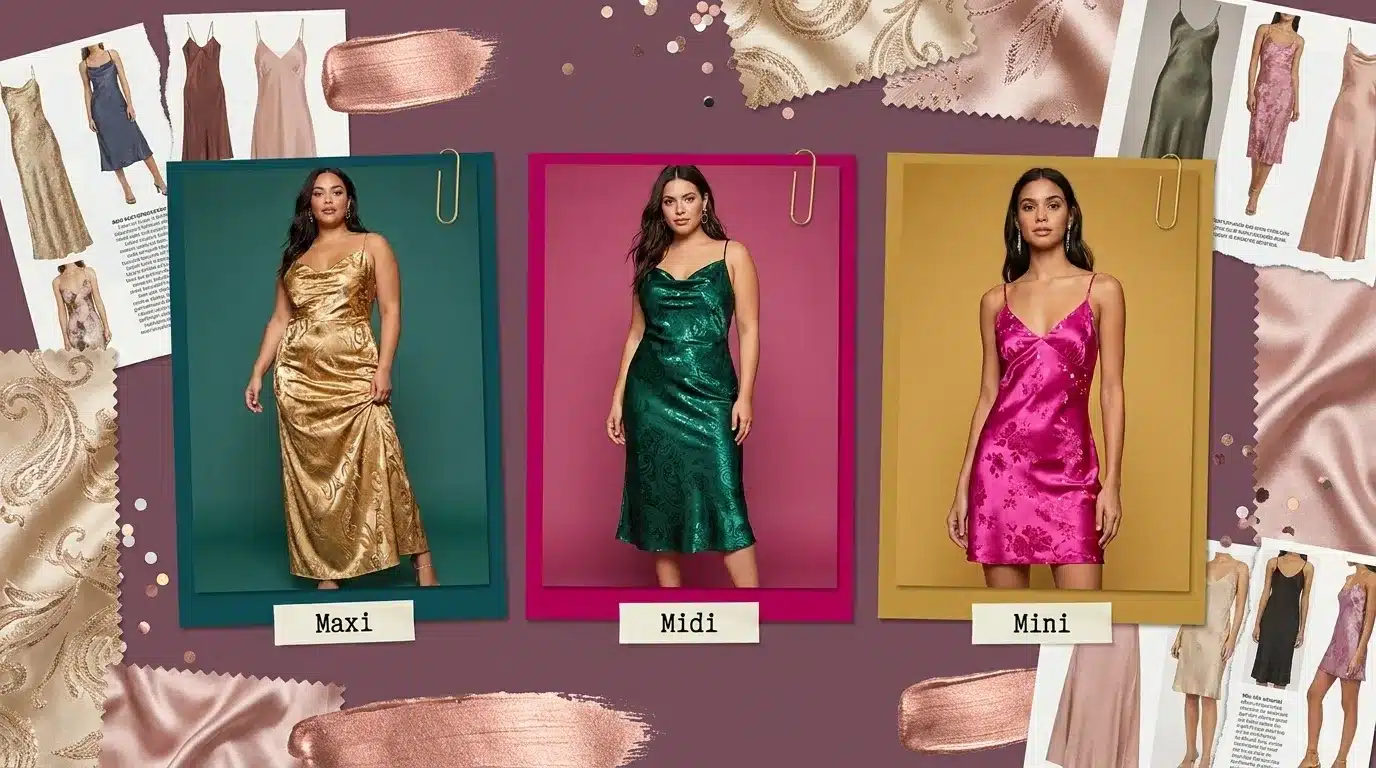 glamorous moodboard comparing maxi, midi, and mini slip dress lengths in gold, emerald green, and hot pink