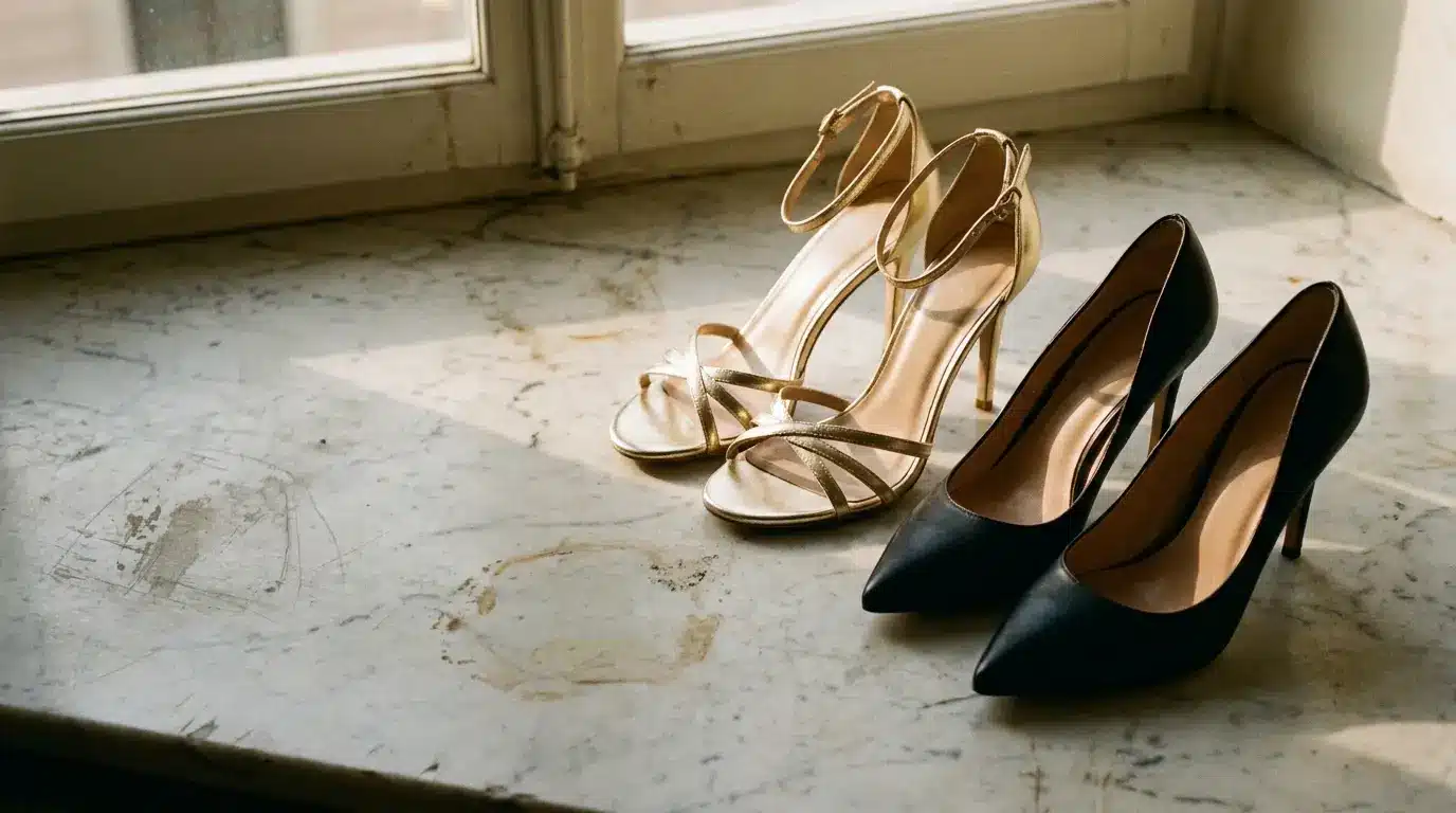 Two pairs of high-heeled shoes on a marble windowsill in soft natural light