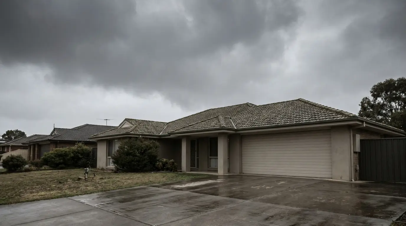 Single-story suburban house under overcast sky with wet driveway and front lawn