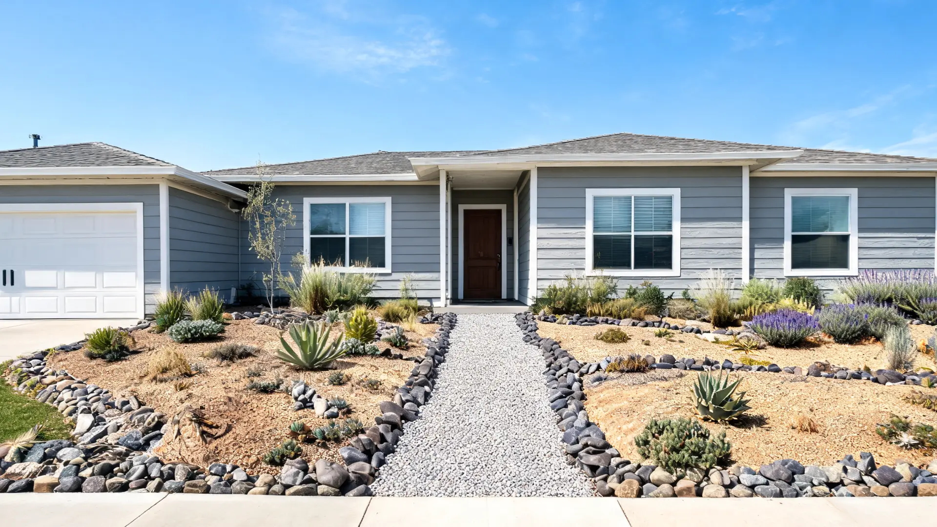 gravel and river rock front yard design with clean edging and low maintenance dry landscaping layout
