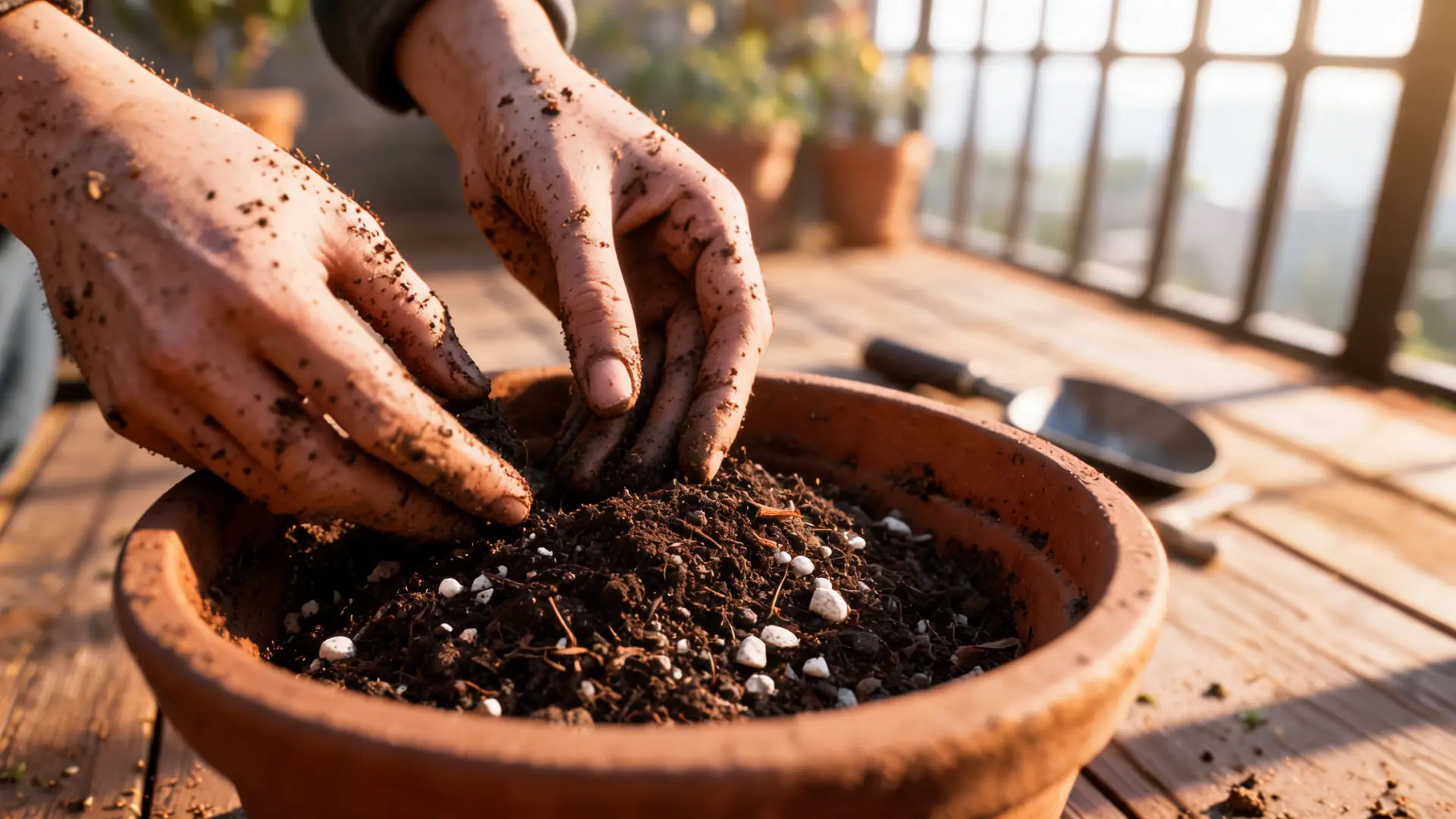 hands mixing potting soil compost and perlite with visible soil texture in container