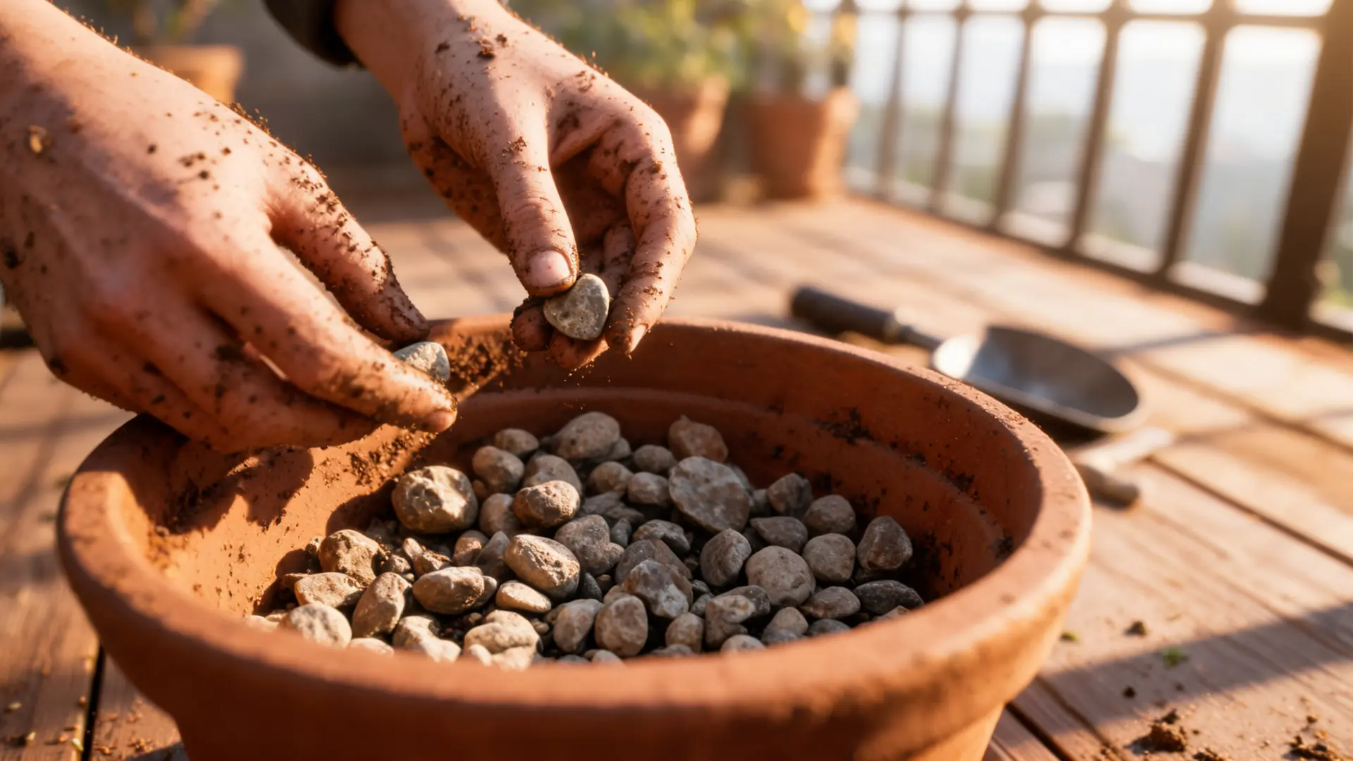 hands placing small stones at bottom of terracotta pot for drainage on sunny balcony