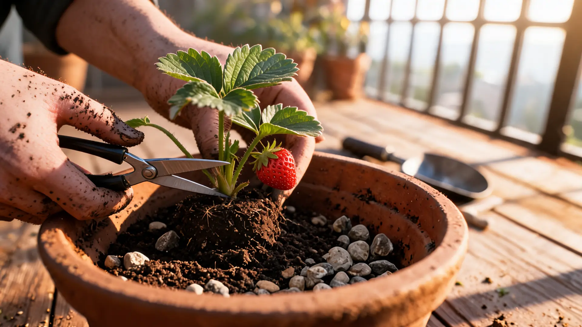 hands trimming strawberry runners from plant using scissors with soil and stones visible