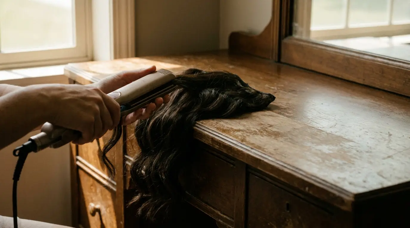 Hand straightening dark hair extension with flat iron on wooden vanity in natural light