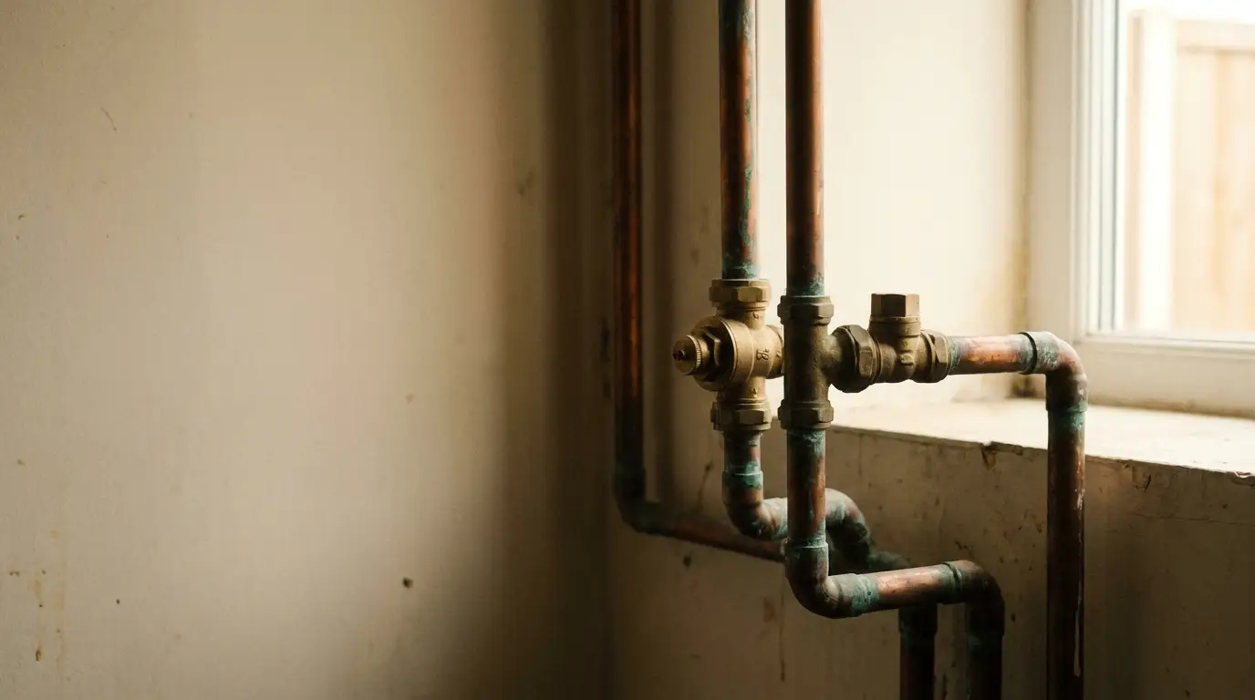 Copper piping with valve installation near a window in a dimly lit room