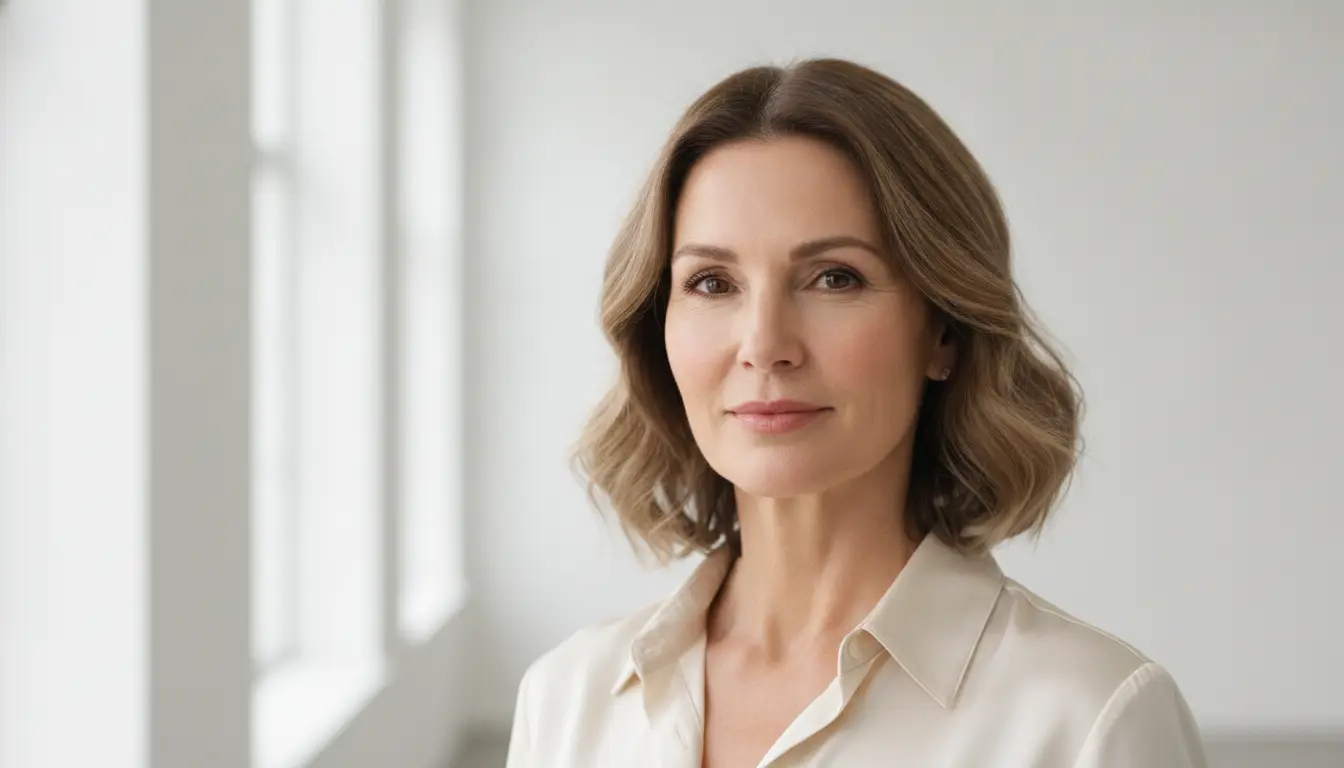 Woman with short wavy hair in cream blouse standing in bright minimalist room