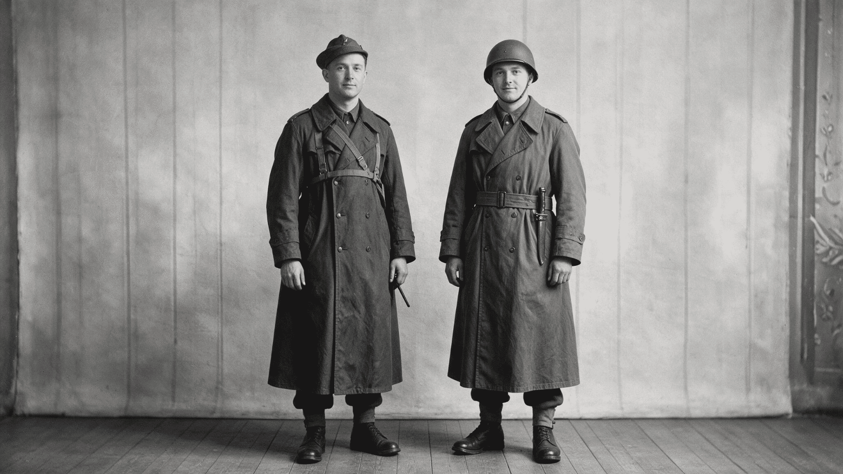 Two soldiers in long military coats standing side by side in a vintage black and white photo.