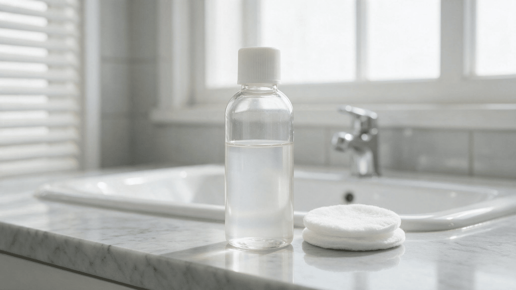 Toner bottle and cotton pad placed on a bathroom counter for skincare routine.