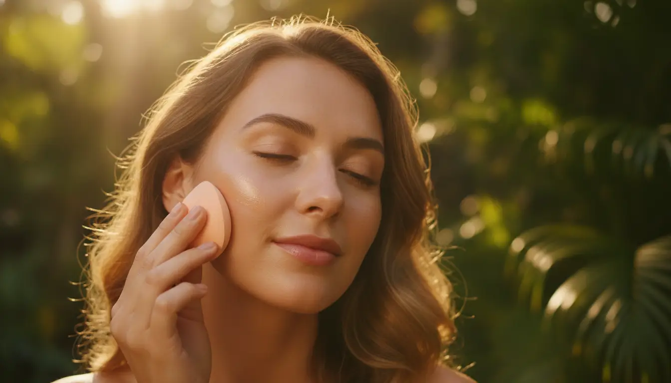 Woman applying makeup sponge on cheek in sunlit garden setting