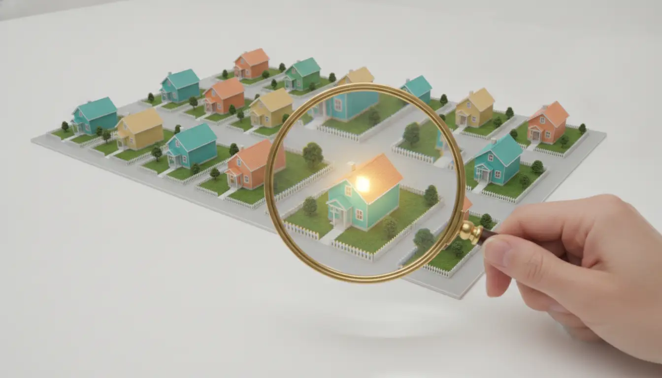 Miniature colorful houses under magnifying glass on white surface