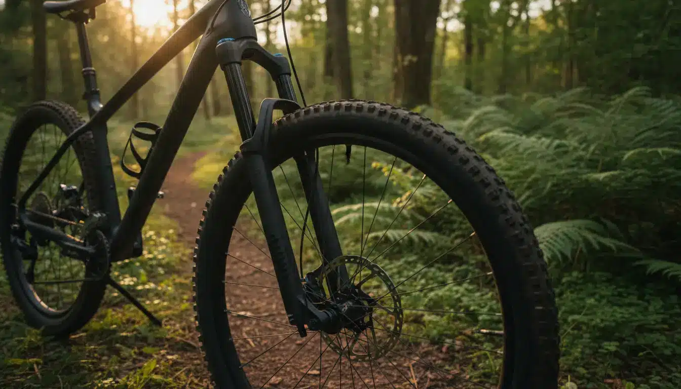 Mountain bike on a forest trail surrounded by lush greenery at sunset