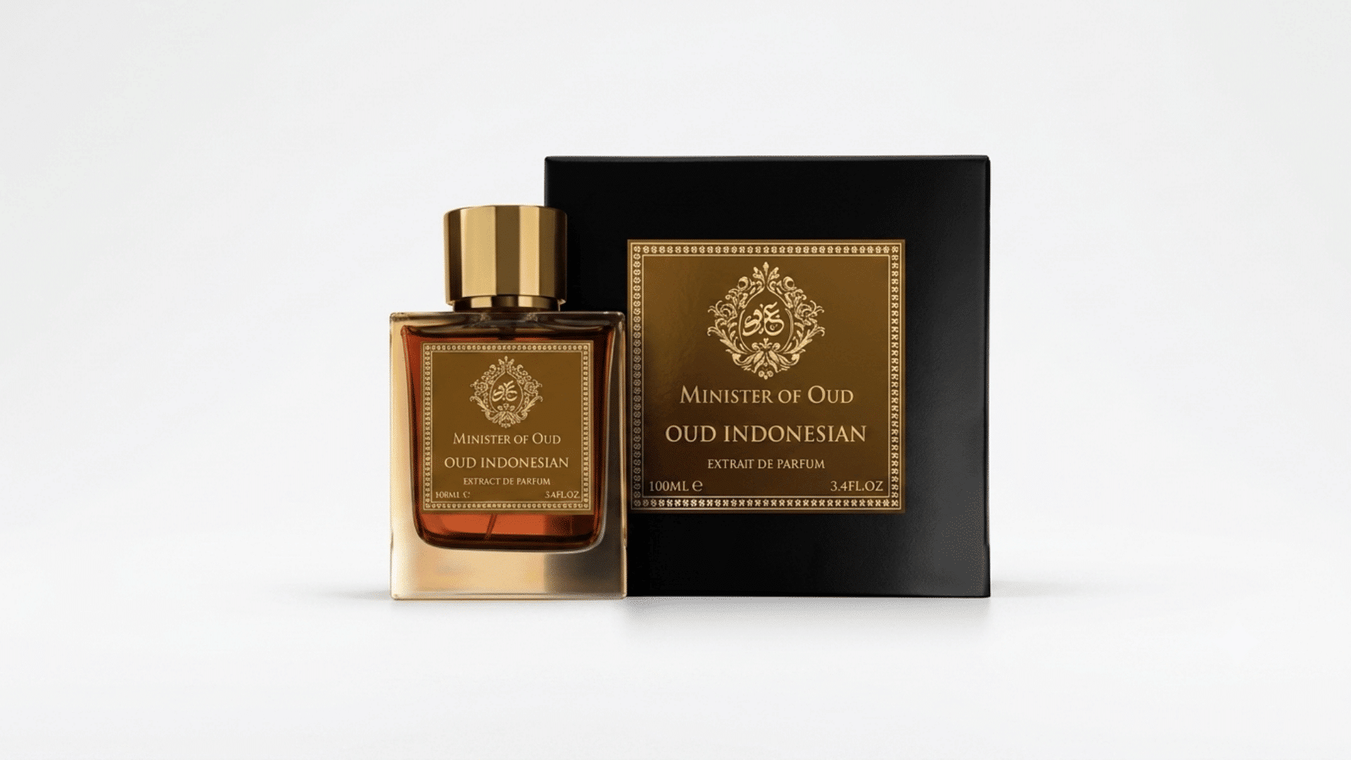 Indonesian oud perfume bottle with luxury black and gold packaging