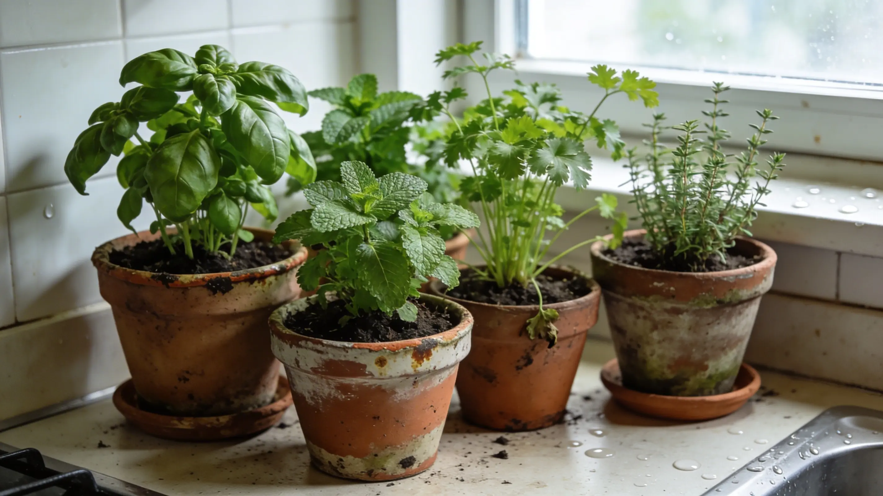 indoor herbs like basil, mint, parsley, coriander, and thyme growing on a home windowsill in natural light