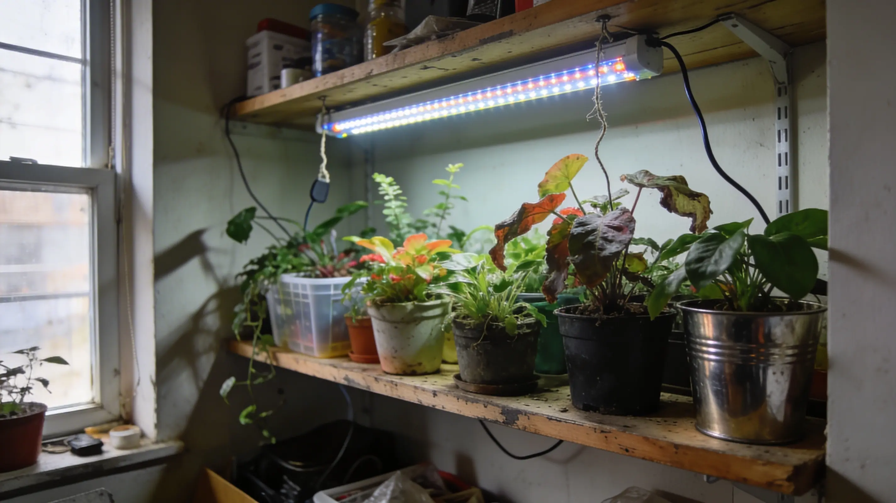 indoor shelf with mixed pots and herbs under simple grow light in a small apartment with natural light