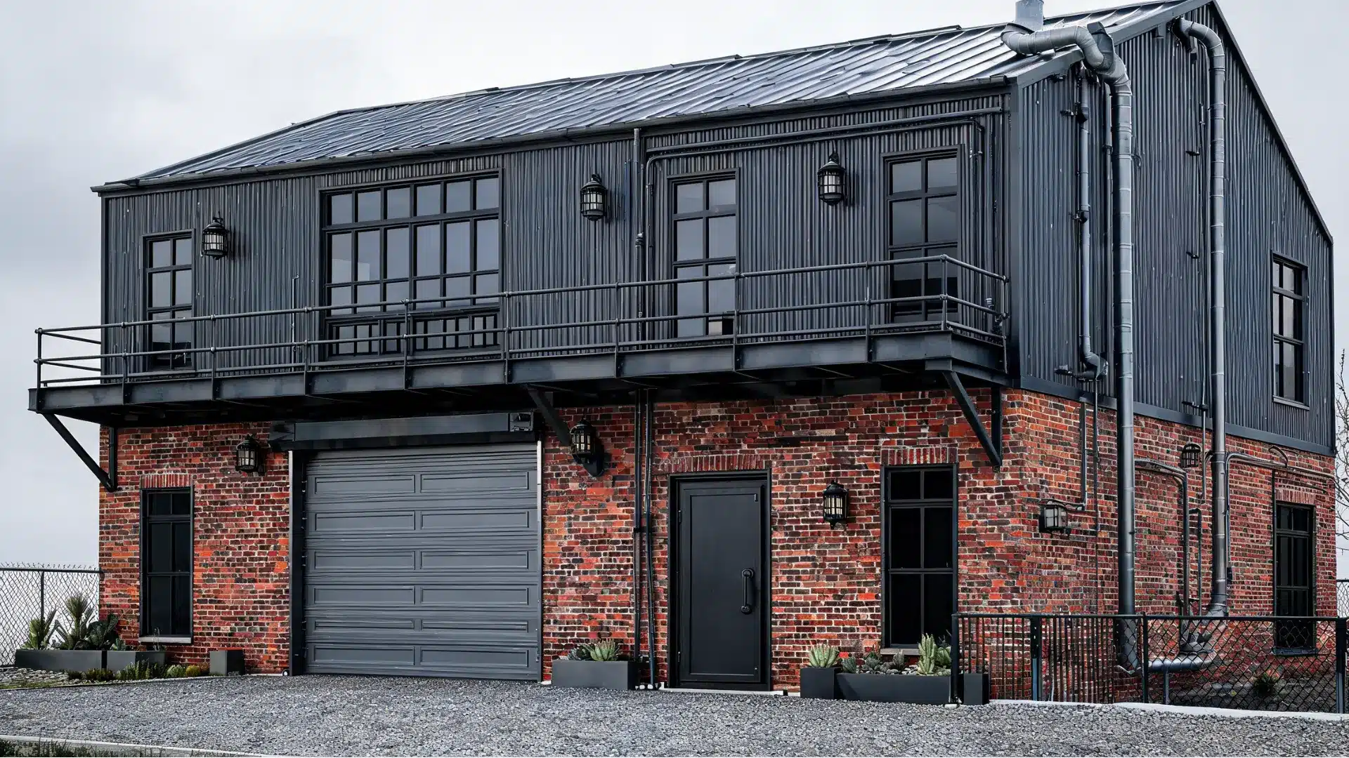 Dark industrial-style building with brick facade, metal siding, balcony, and garage door