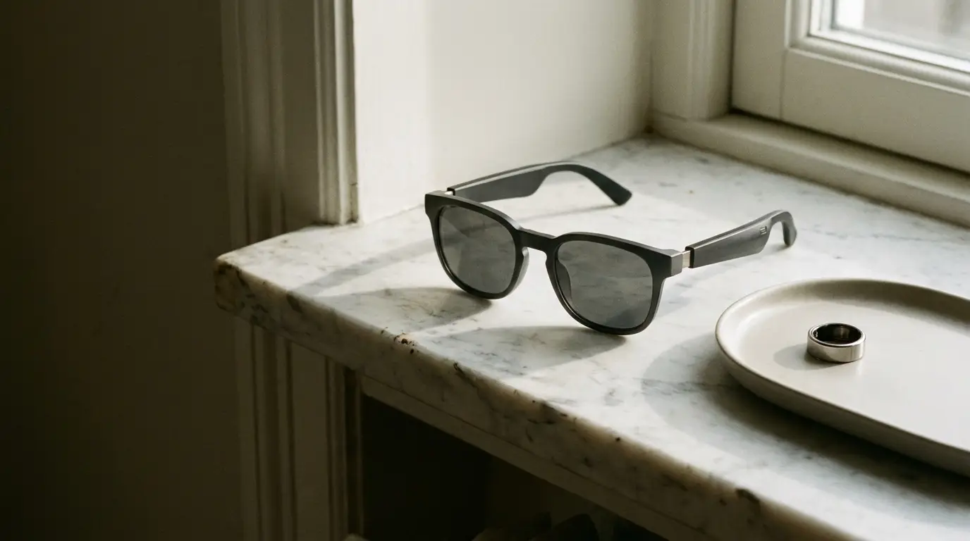 Sunglasses and ring on marble windowsill in soft natural light