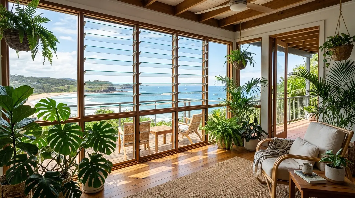 jalousie window in a tropical sunroom, offering adjustable airflow with a coastal outdoor view