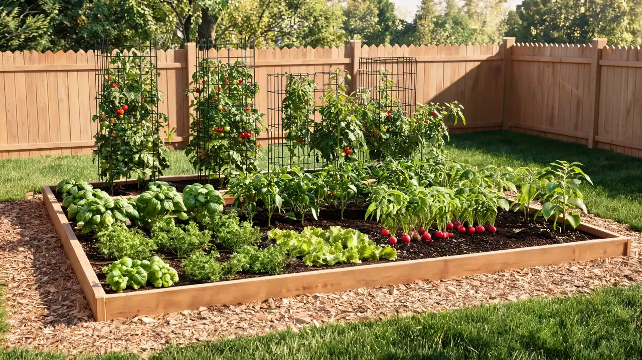 kitchen garden with herbs tomatoes and leafy greens