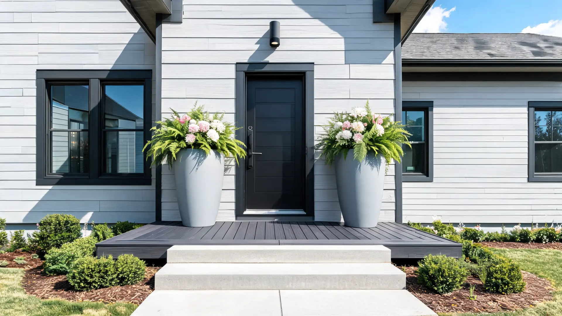 large planters near front door entry with simple greenery low maintenance curb appeal design