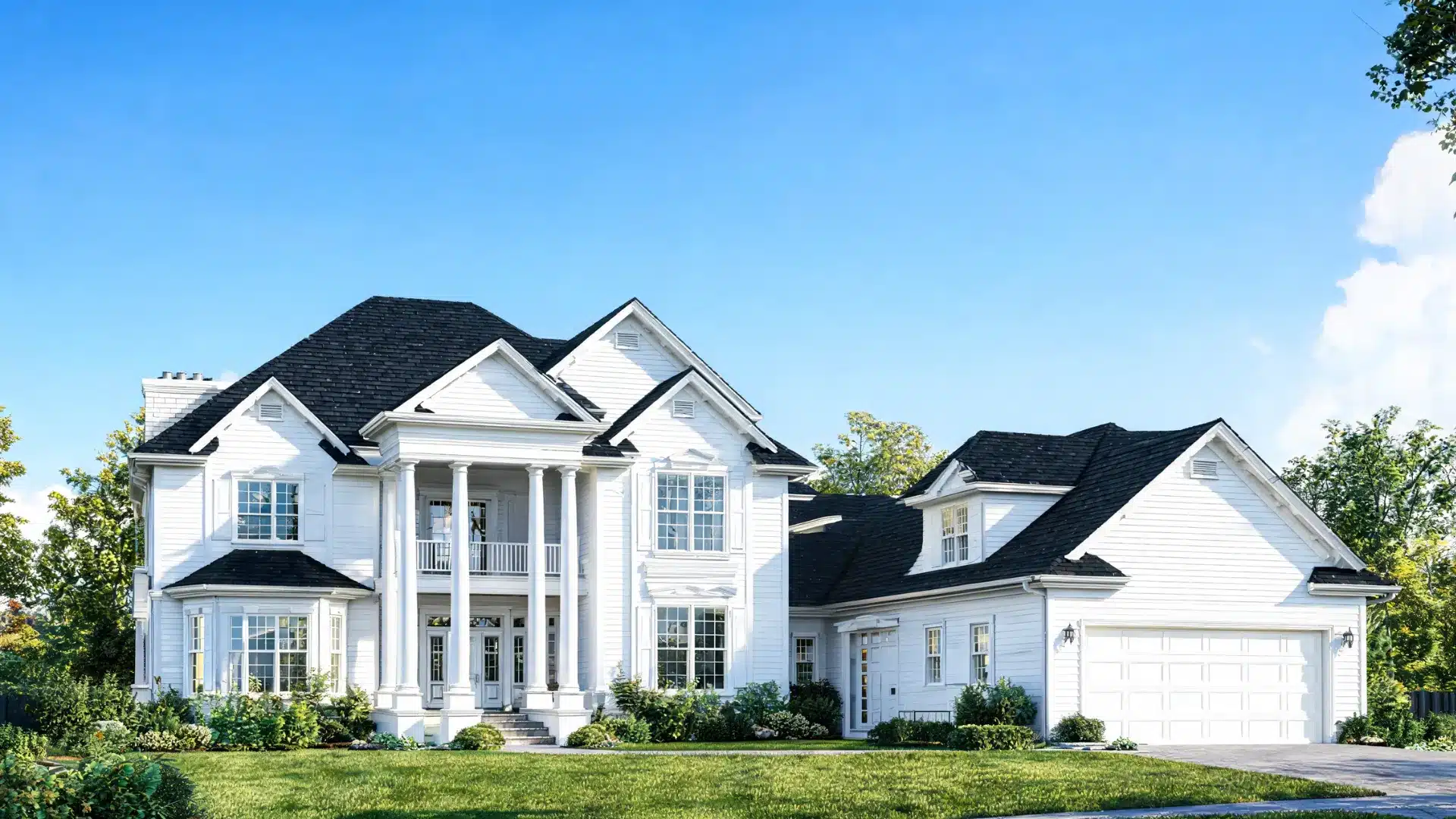 White luxury house with black roof, columns, garage, and large front lawn