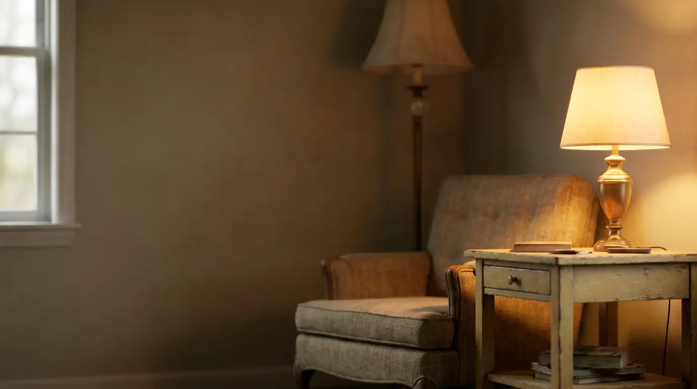 Cozy living room corner with armchair, vintage table lamp, and side table under warm lighting