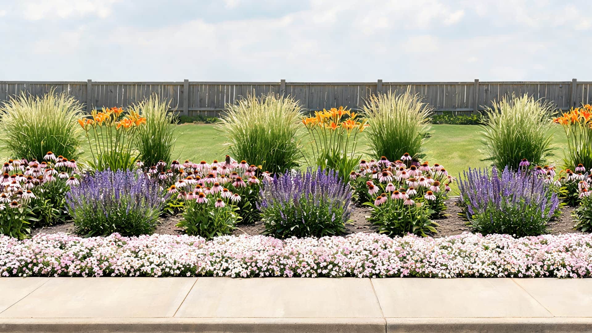 Flower bed with pink, purple, and orange flowers beside a sidewalk and wooden fence