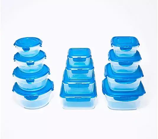 Stacked blue-lidded plastic food storage containers on white background