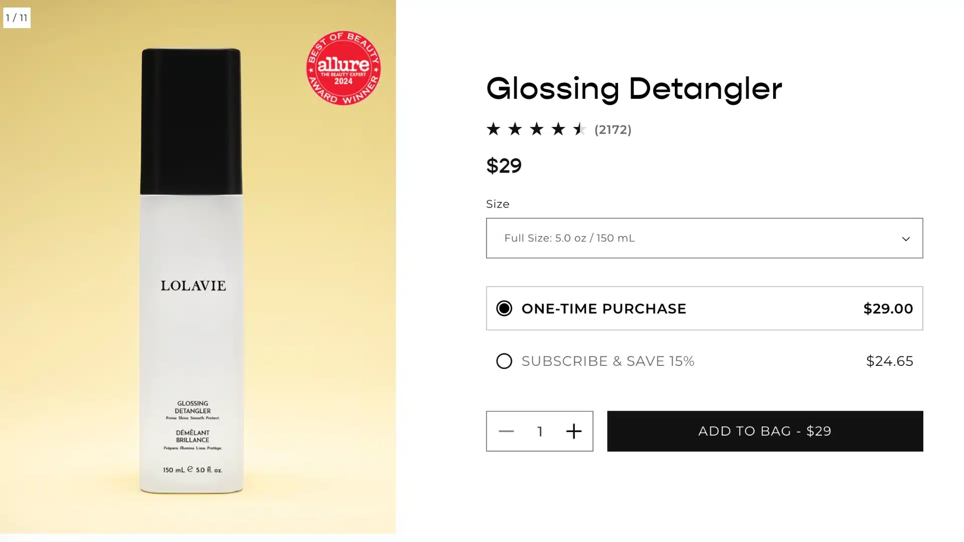 lolavie glossing detangler product page showing bottle, price, rating, size, and purchase options