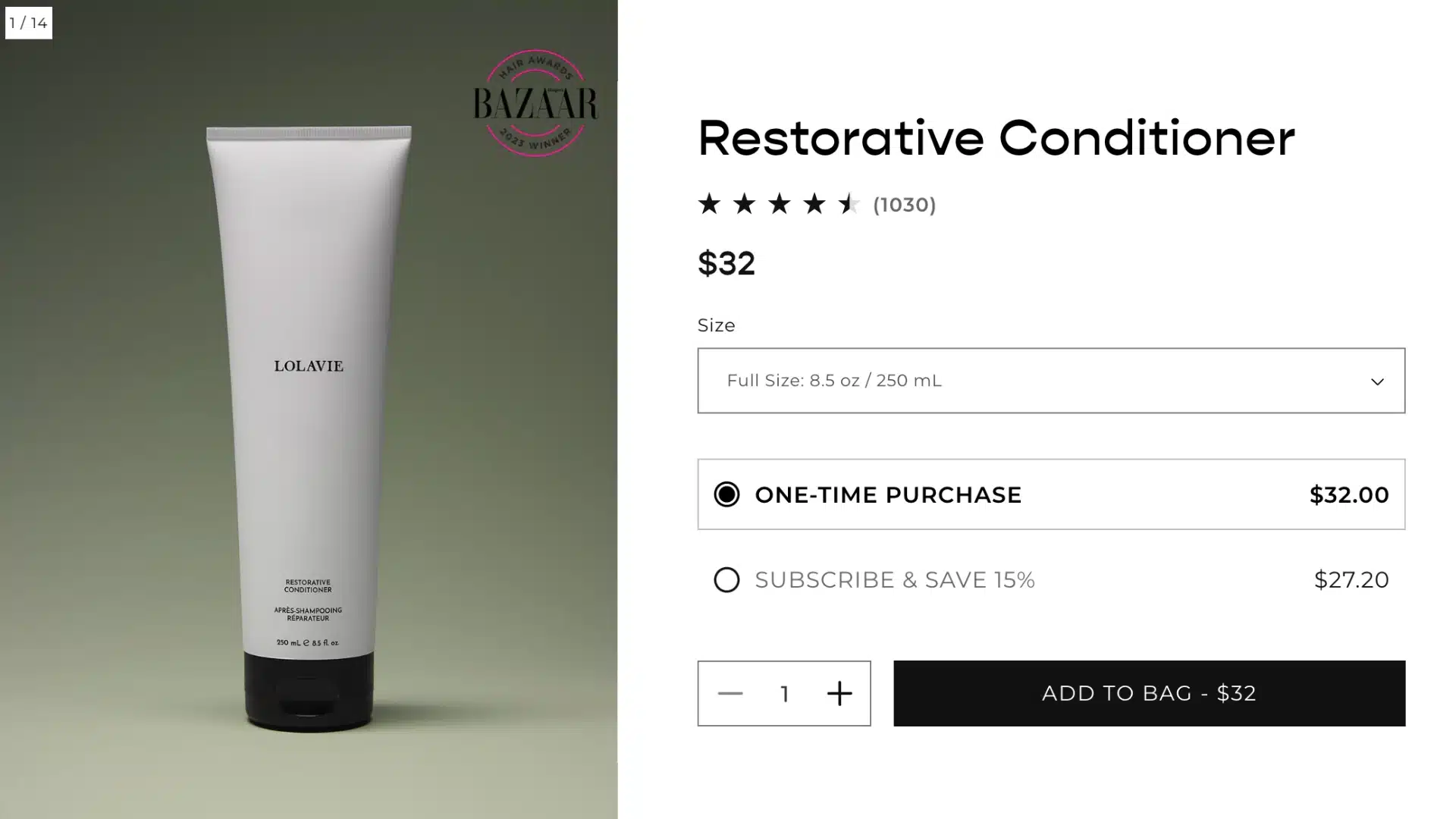 LolaVie Restorative Conditioner product page showing tube, award badge, price, and purchase options.