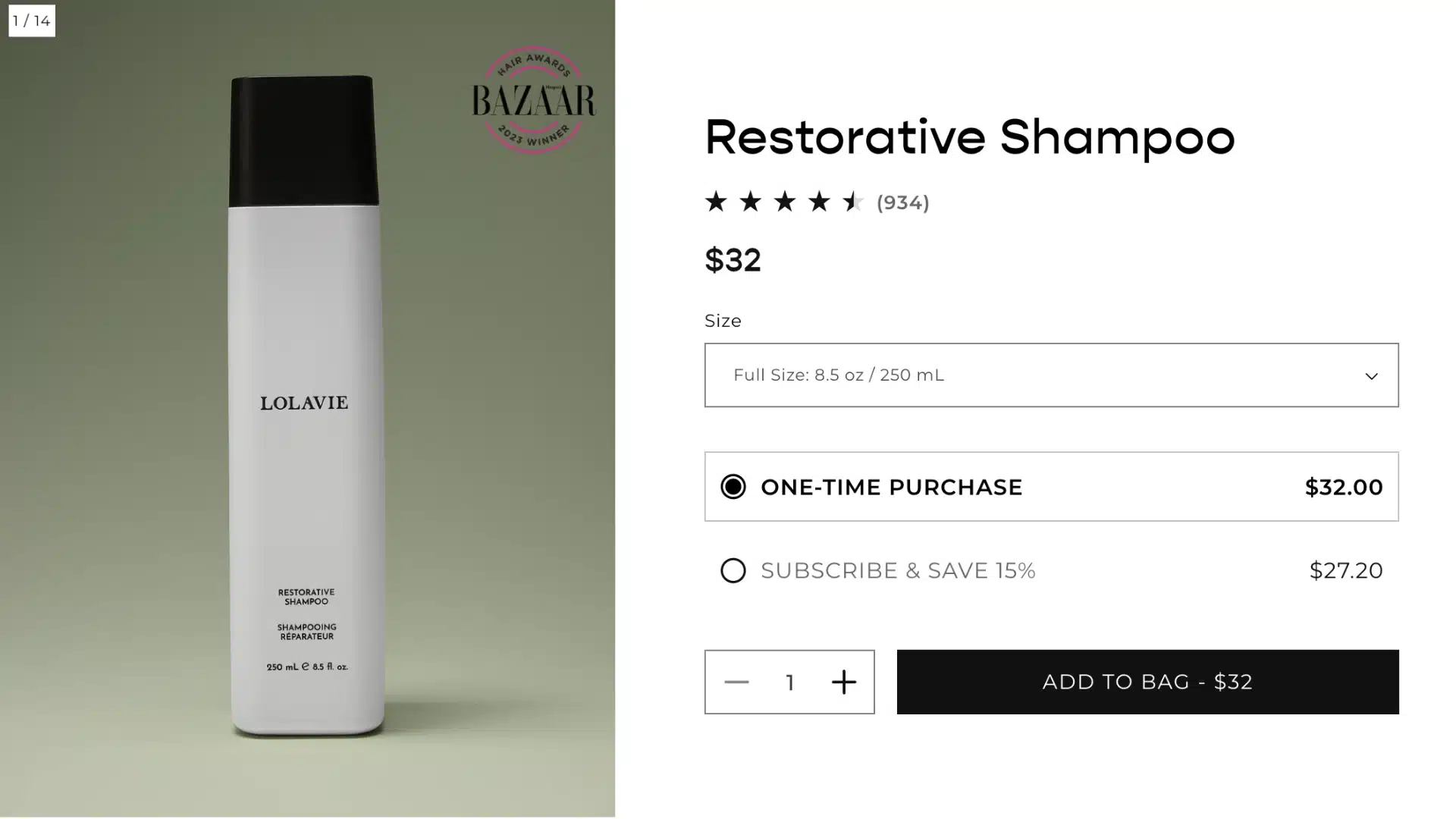 LolaVie Restorative Shampoo product page showing bottle, award badge, price, and purchase options.