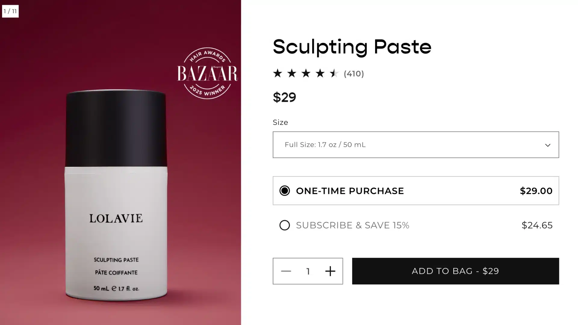LolaVie Glossing Detangler product page showing bottle, price, and purchase options.