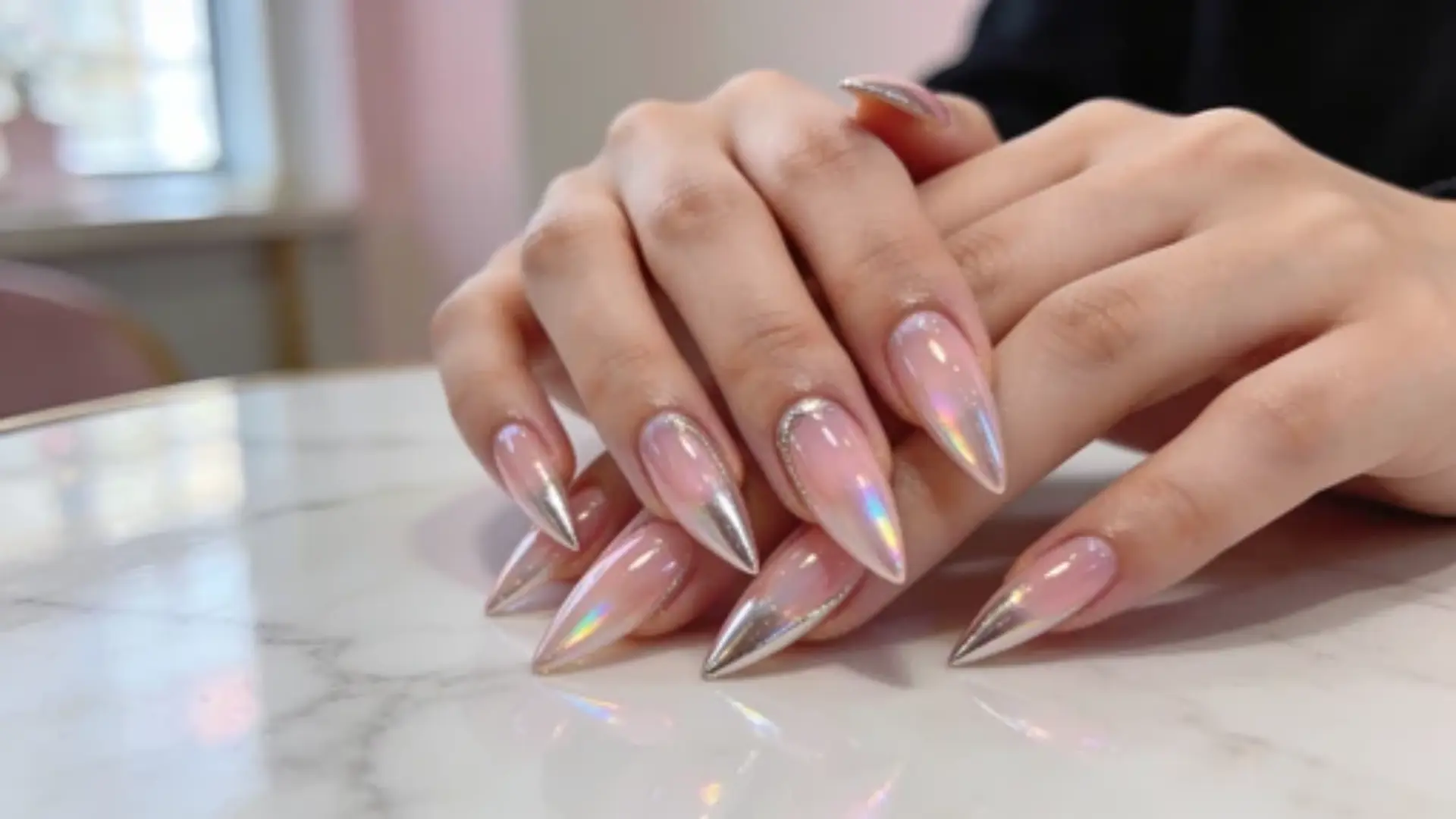 long, stiletto-shaped nails with a glossy, nude base and metallic silver tips