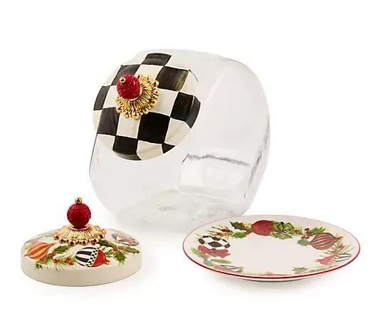 Clear glass jar with checkered lid ornament, decorative Christmas plate, and matching round lid