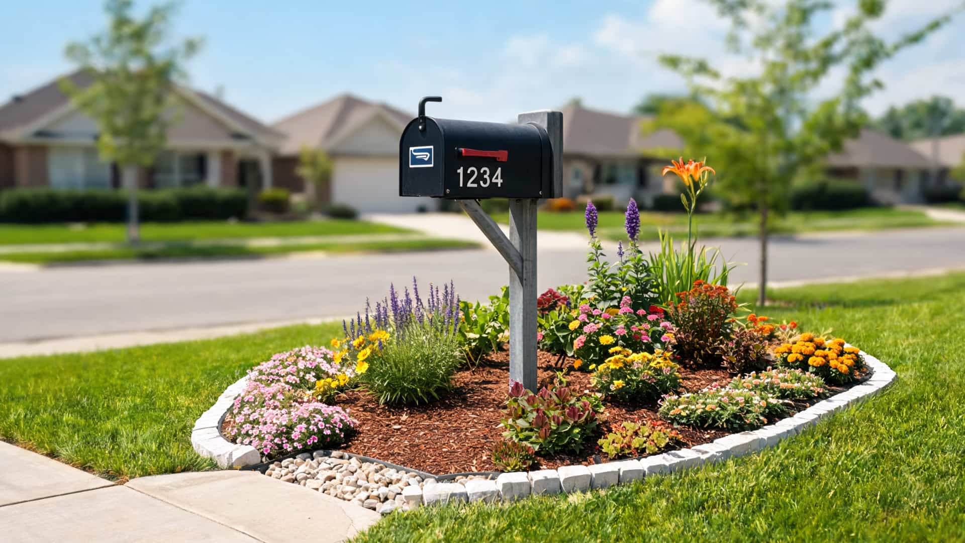 Mailbox garden bed with colorful flowers, mulch, and stone edging in a front yard