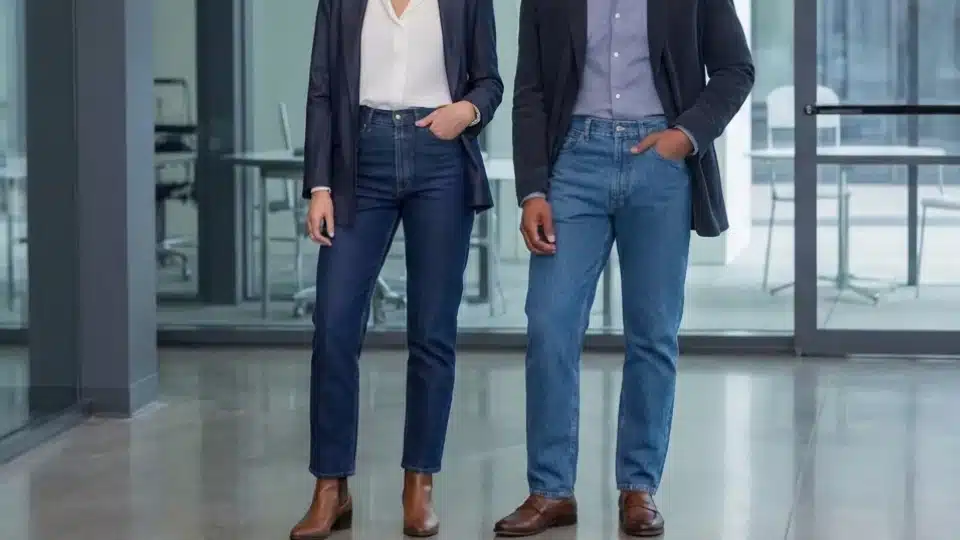 man and woman standing side by side in high waisted jeans styled for a polished office look
