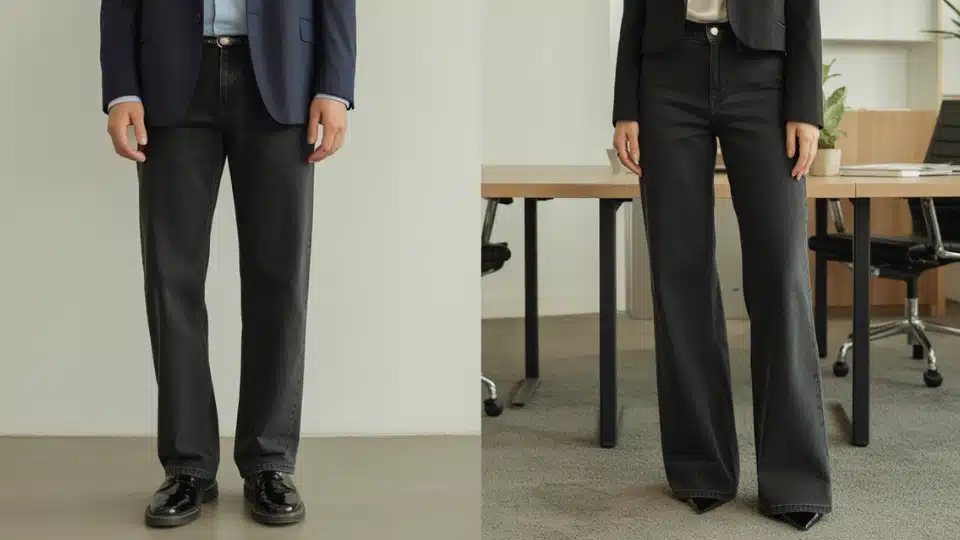 man and woman wearing black denim jeans styled with blazers in a professional office setting