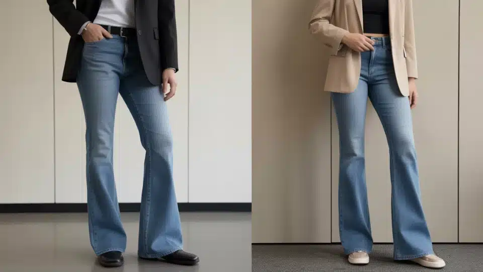 man and woman wearing bootcut and subtle flared jeans styled with blazers in a professional setting