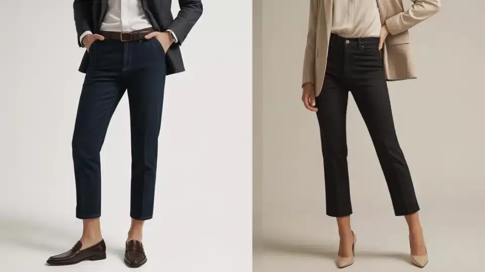 man and woman wearing cropped ankle length jeans styled with blazers in a modern office setting