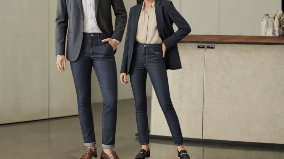 man and woman wearing dark selvedge denim jeans styled with blazers in a professional office setting