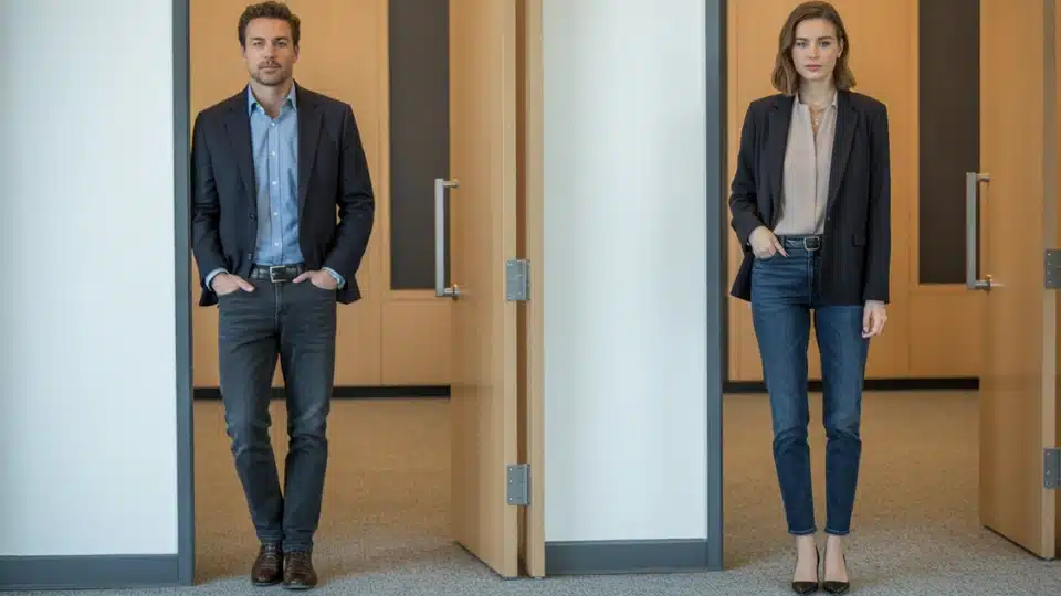 man and woman wearing dark wash denim jeans styled with blazers in a professional office setting