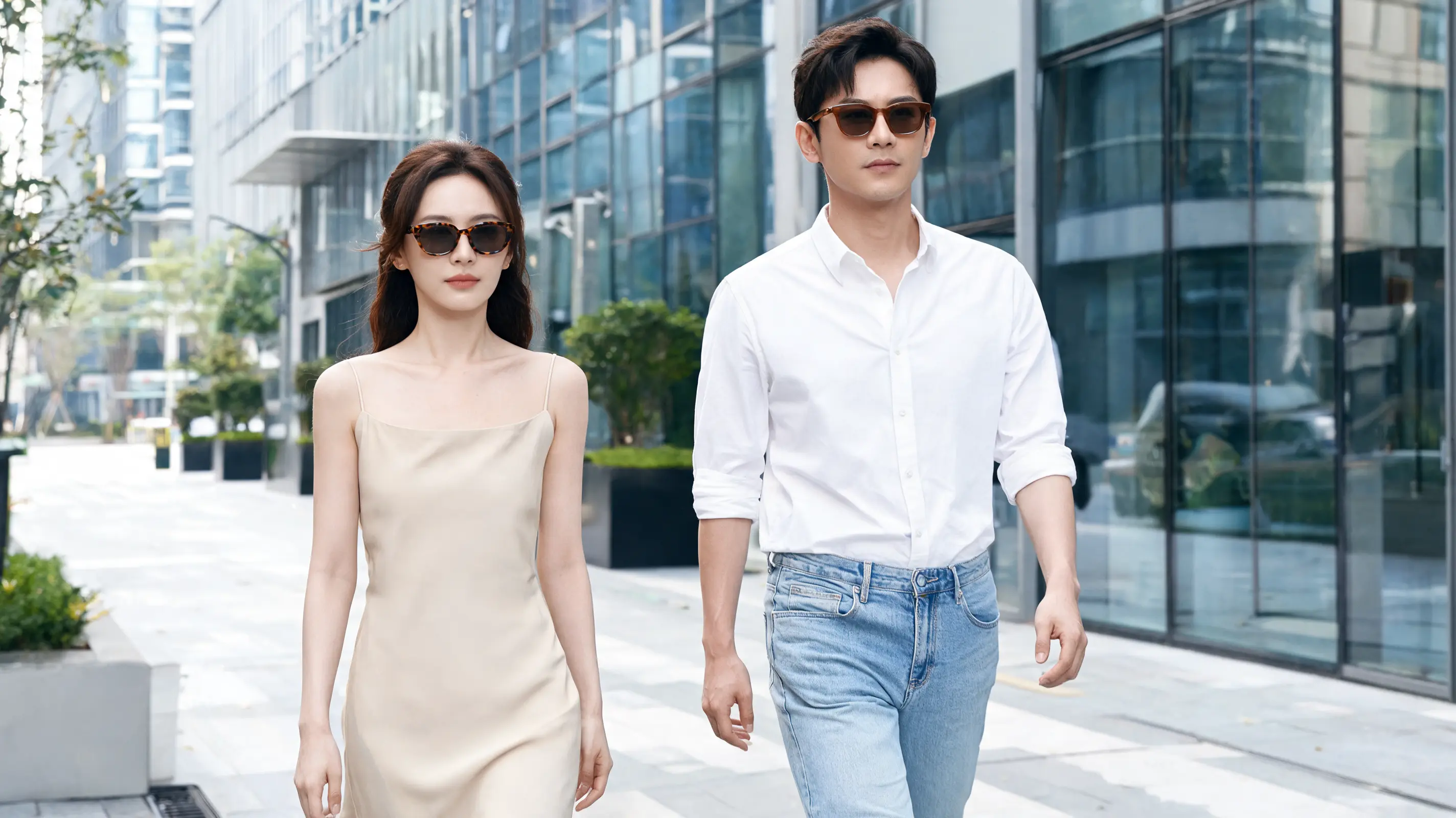 man and woman wearing neutral-frame sunglasses with simple outfits for a polished everyday look