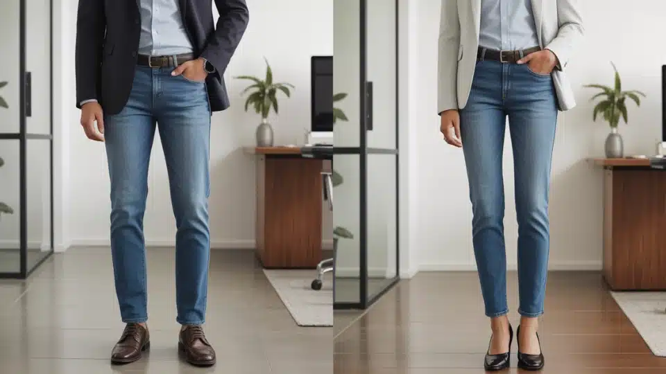 man and woman wearing slim fit jeans styled with blazers in a professional setting