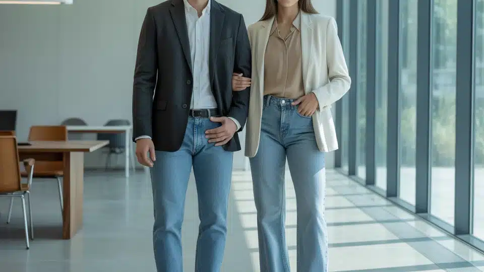 man and woman wearing straight leg light blue jeans styled with blazers in a professional office setting