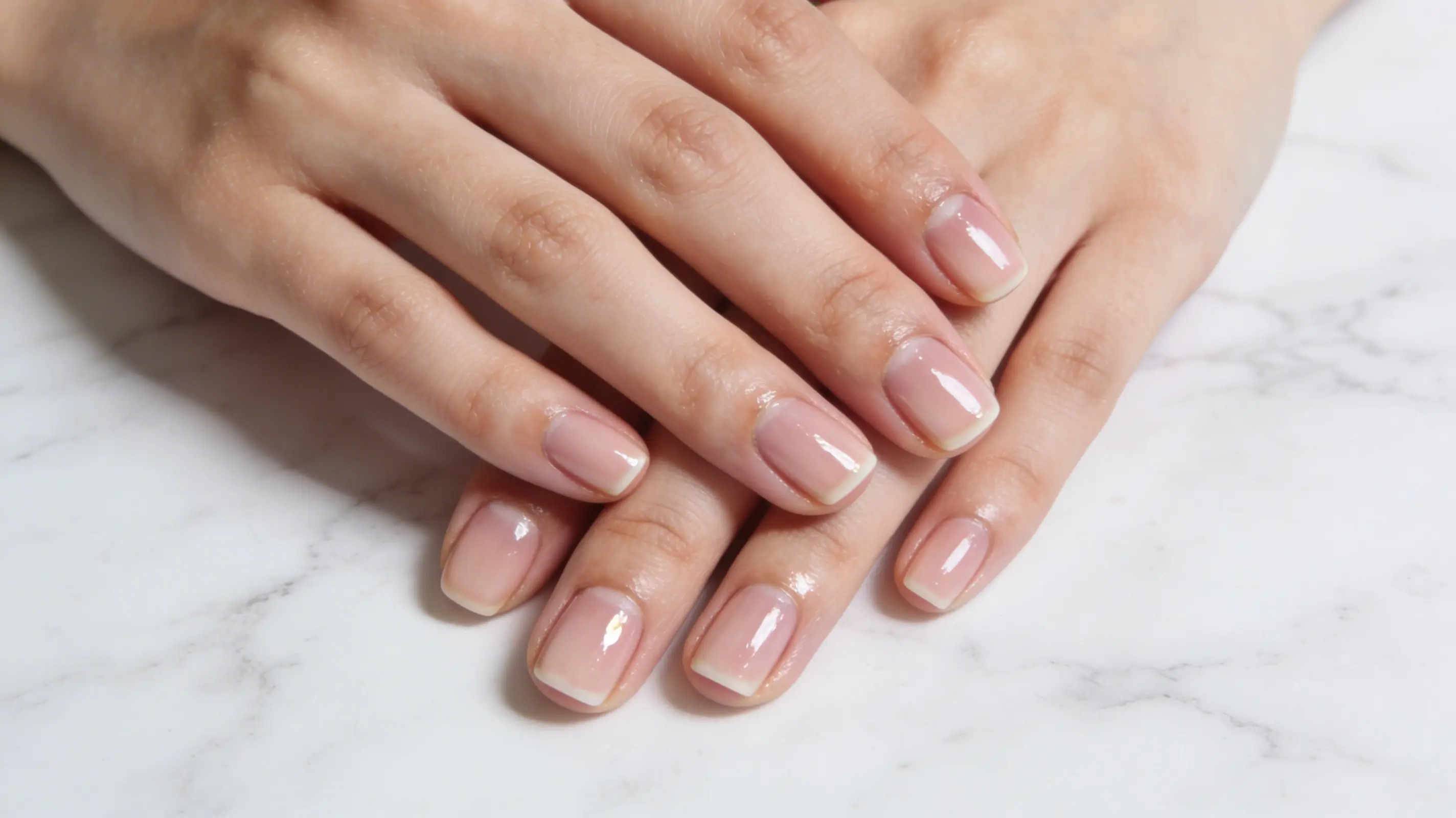 manicured hands featuring short, natural nails with a flawless, sheer neutral pink-beige polish