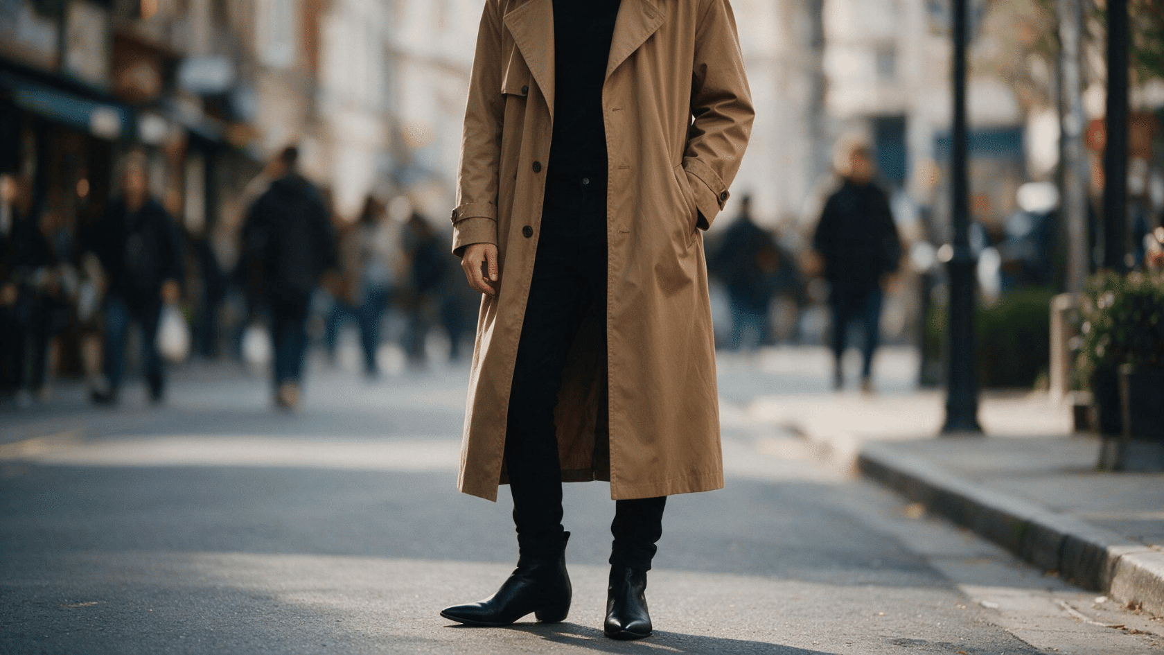 Person wearing a beige trench coat and black boots walking on a city street.