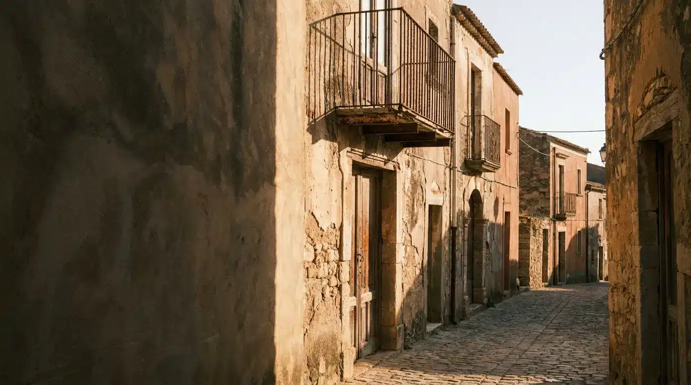 Narrow cobblestone street lined with rustic stone buildings under warm sunlight