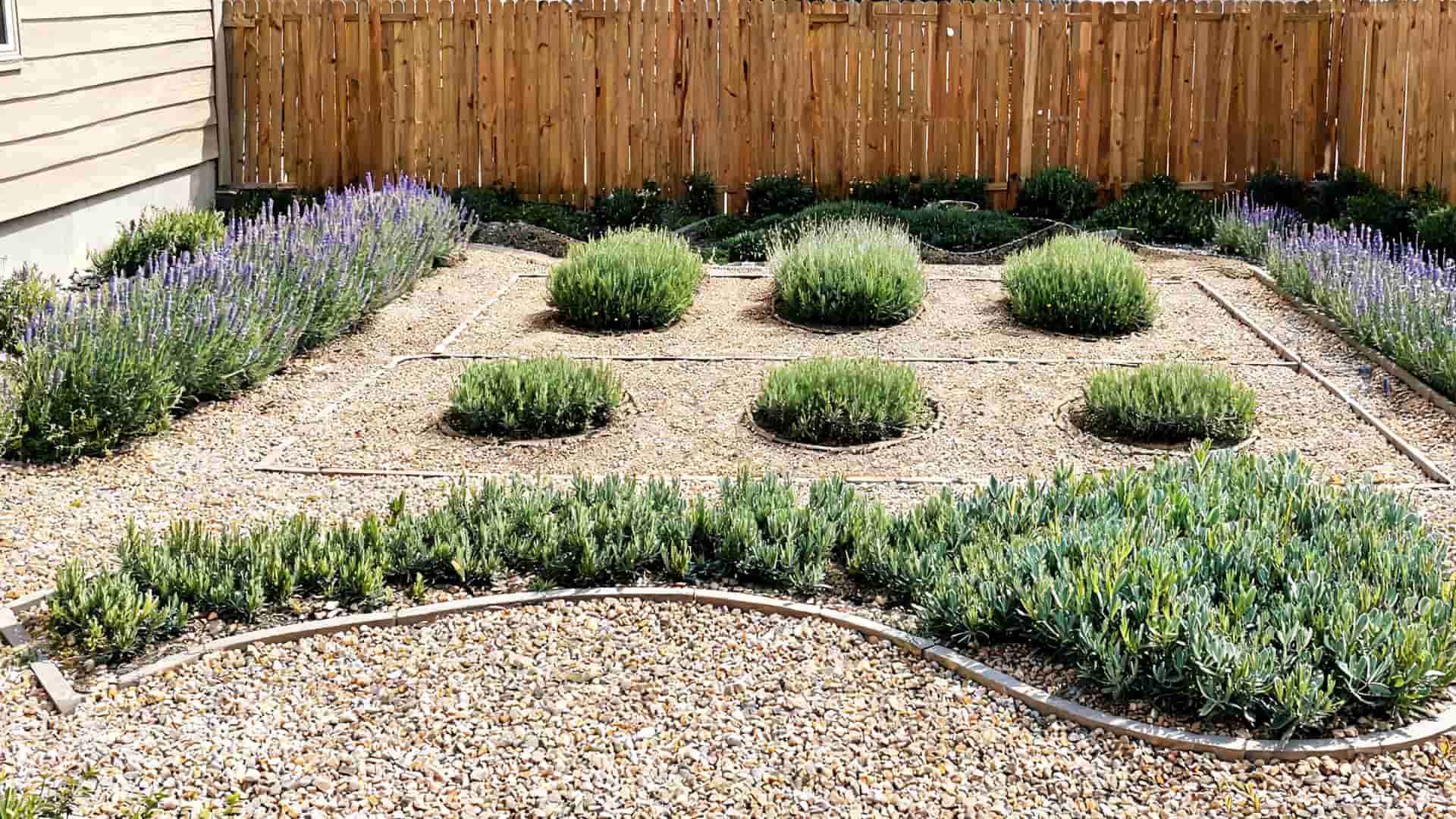 Garden with rows of green plants, purple flowers, gravel paths, and a wooden fence