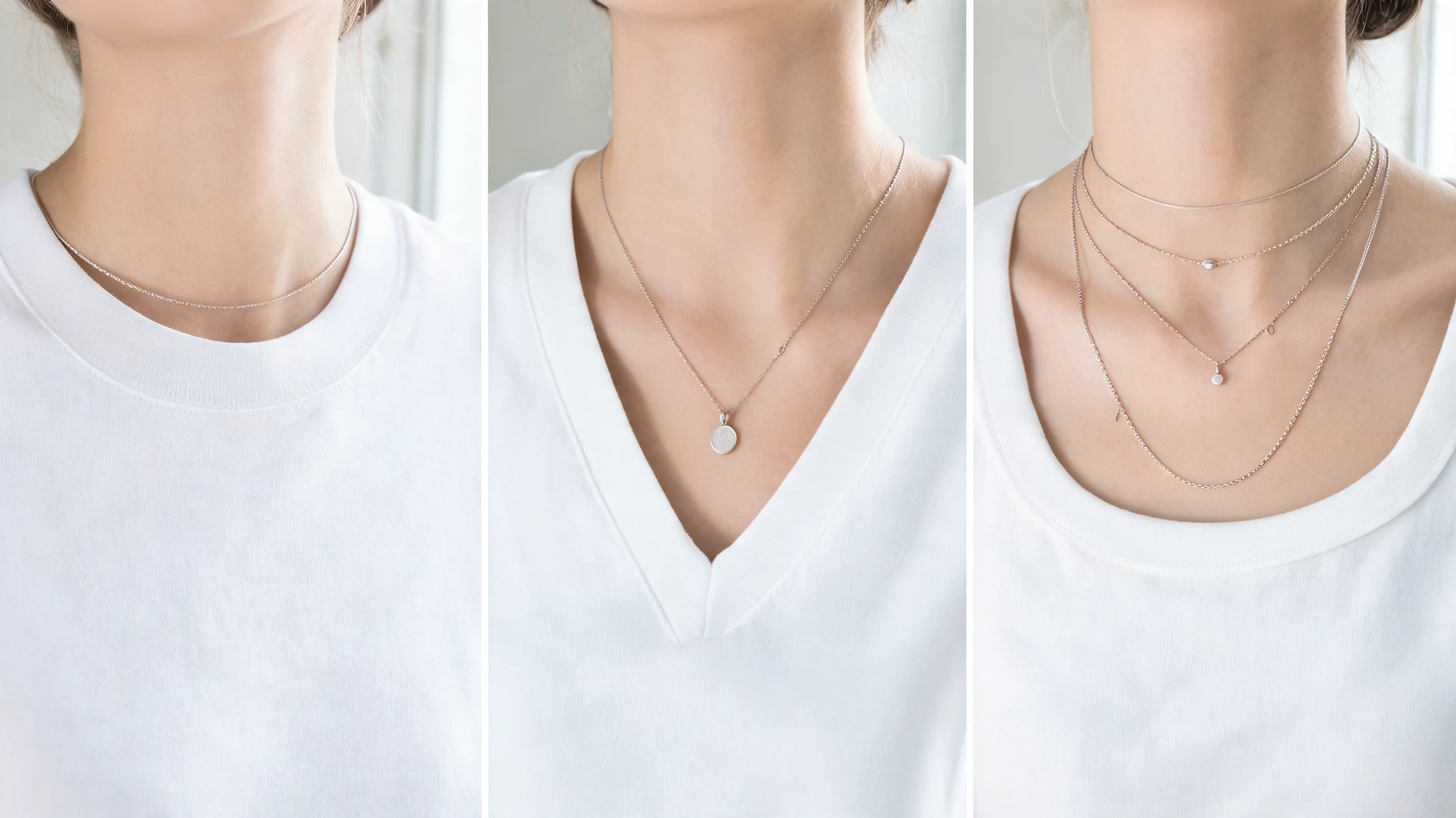 men’s and women’s necklaces styled with crew necks, v-necks, and layered chains for balanced neckline styling