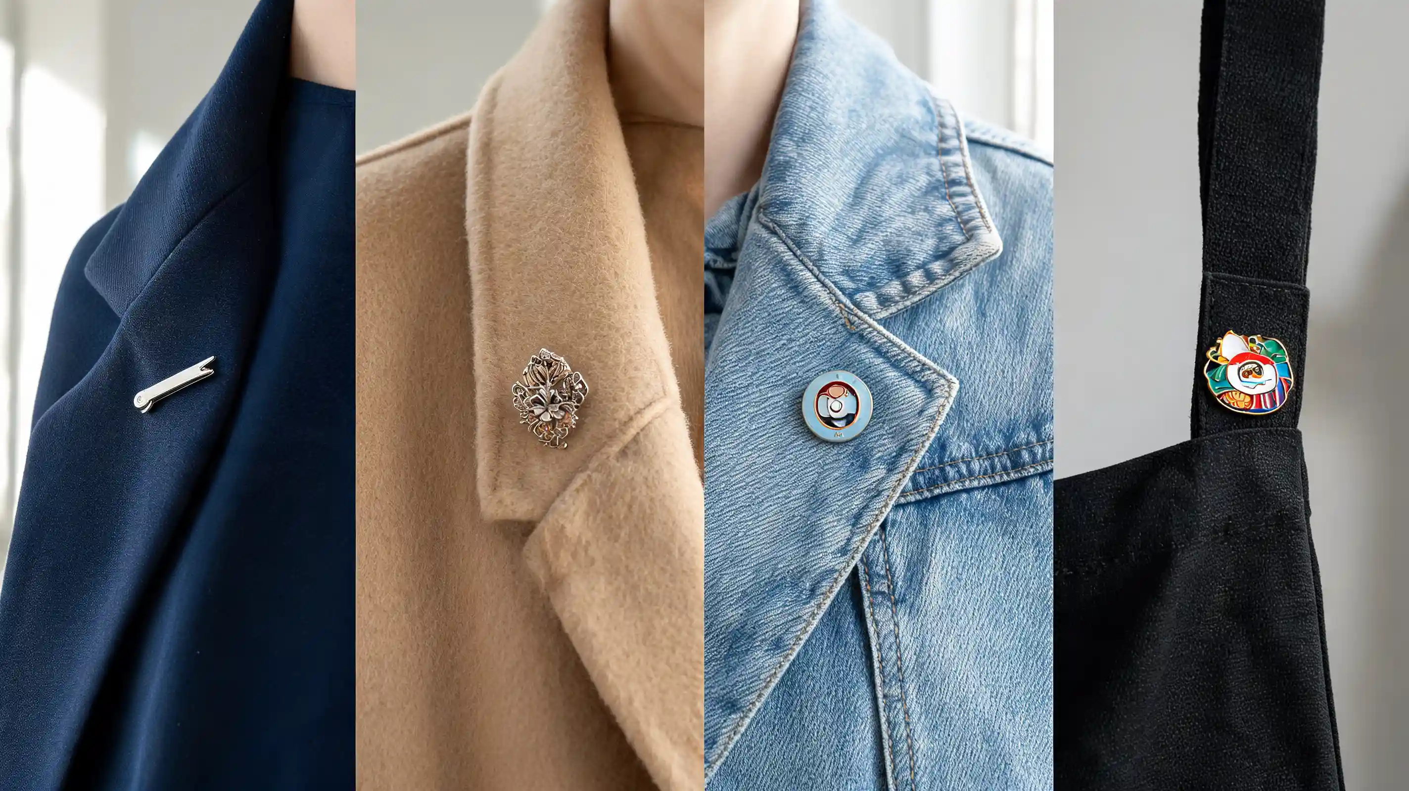 men’s and women’s outfits styled with brooches, lapel pins, and small badges on simple fabrics