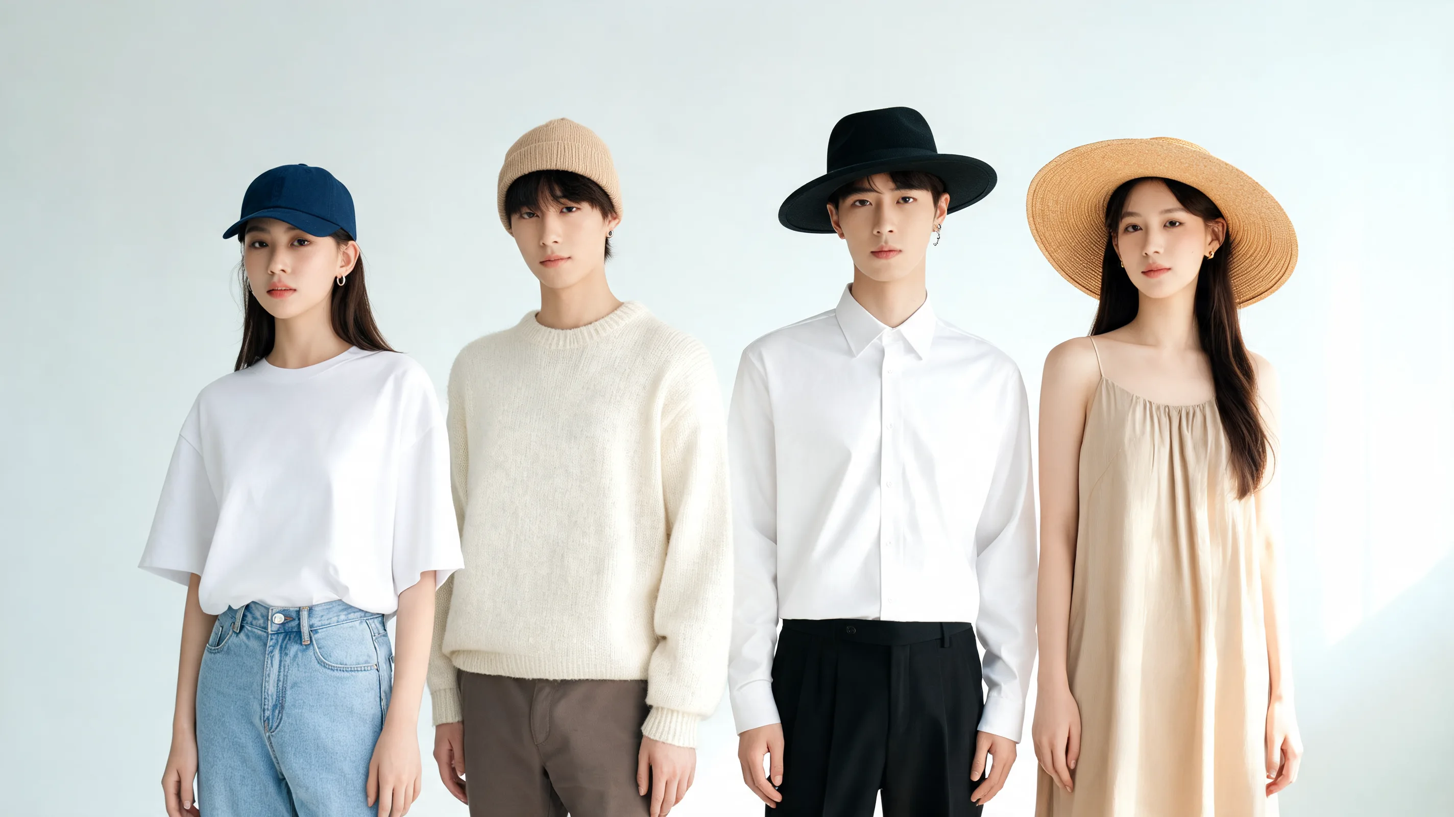 men’s and women’s outfits styled with caps, beanies, and structured hats for balanced accessory styling